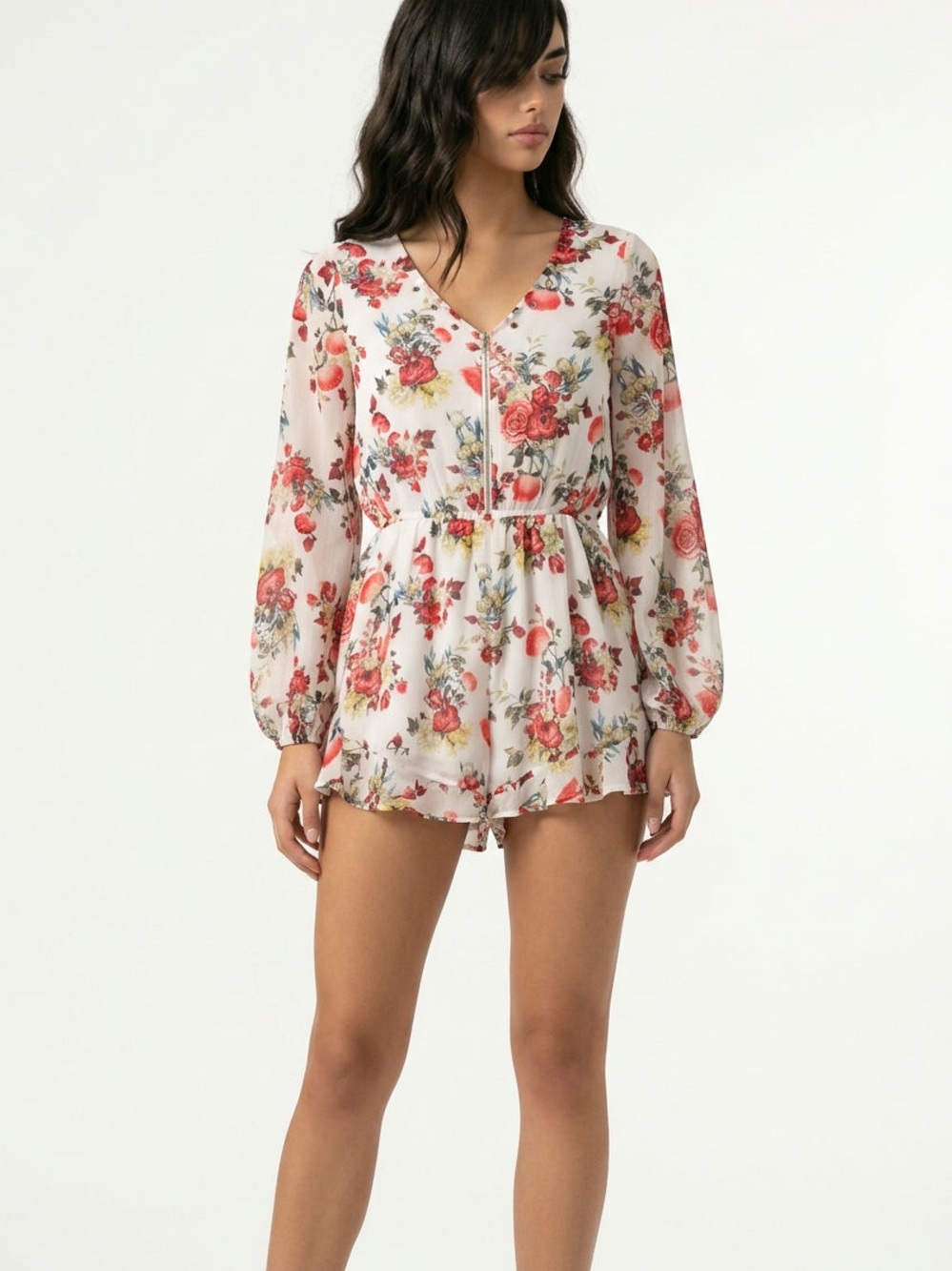 Disney Beauty and the Beast - White Floral V-Neck Long Sleeve Romper